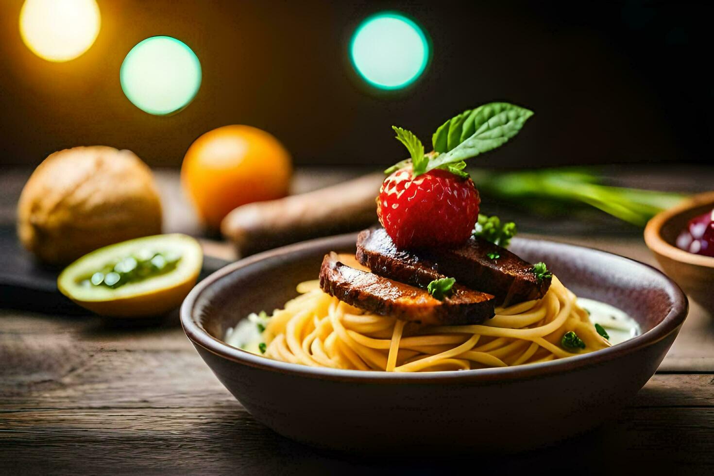 spaghetti with meat and strawberries on a wooden table. AI-Generated photo