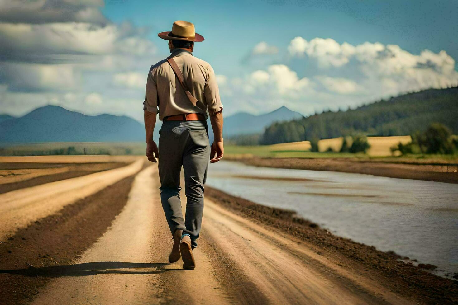 a man in a hat and shirt walking down a dirt road. AI-Generated photo