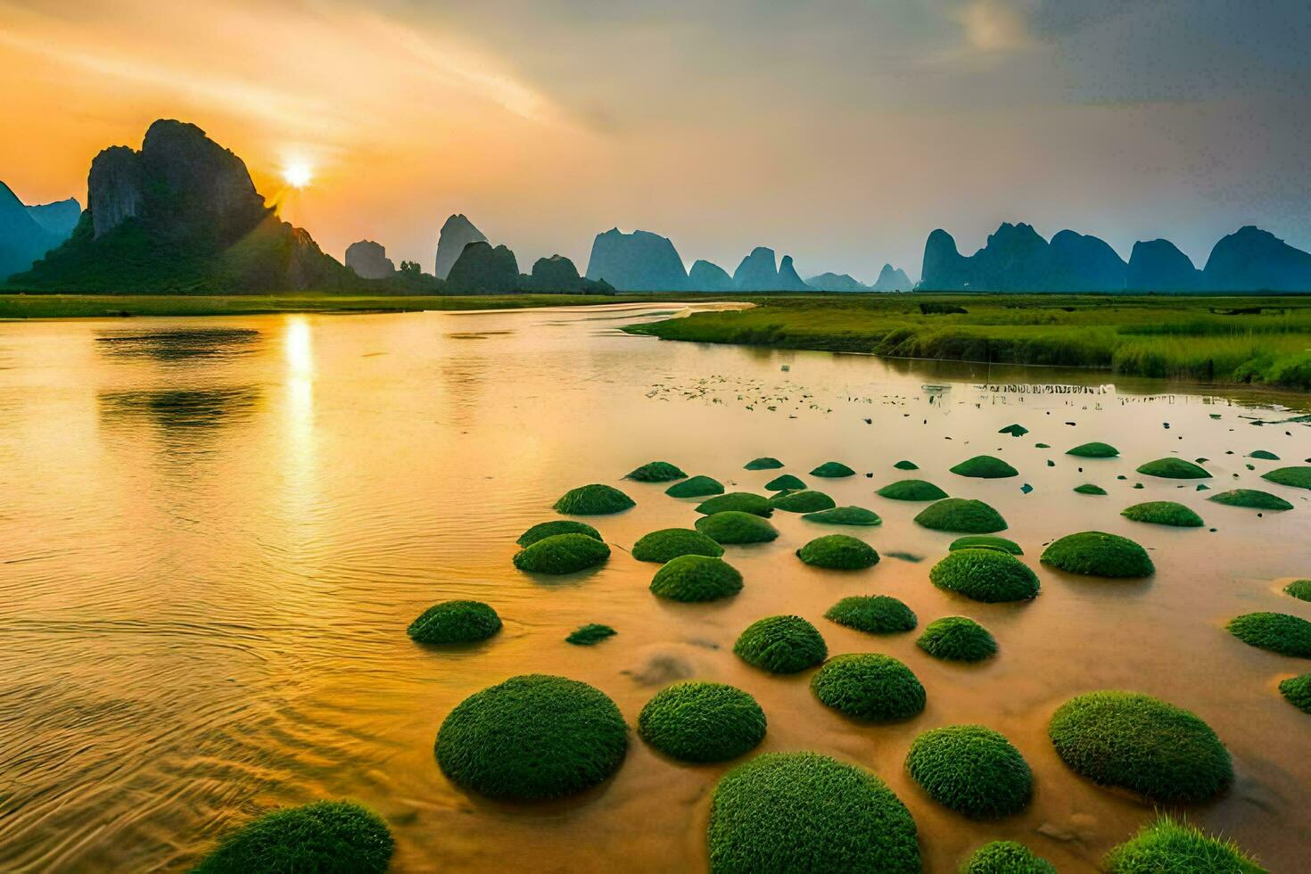 the sun sets over a river with green mosses. AI-Generated photo