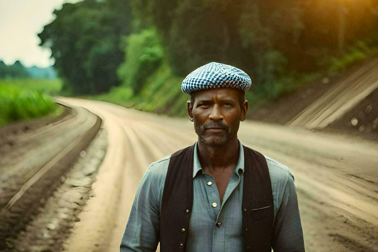 a man standing on a dirt road with a hat on. AI-Generated photo