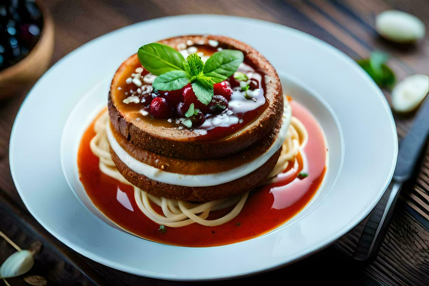 a plate with spaghetti and sauce on it. AI-Generated photo