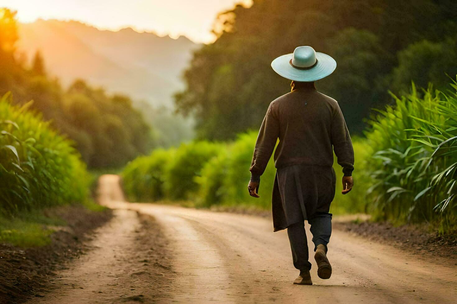 a man in a hat walking down a dirt road. AI-Generated photo