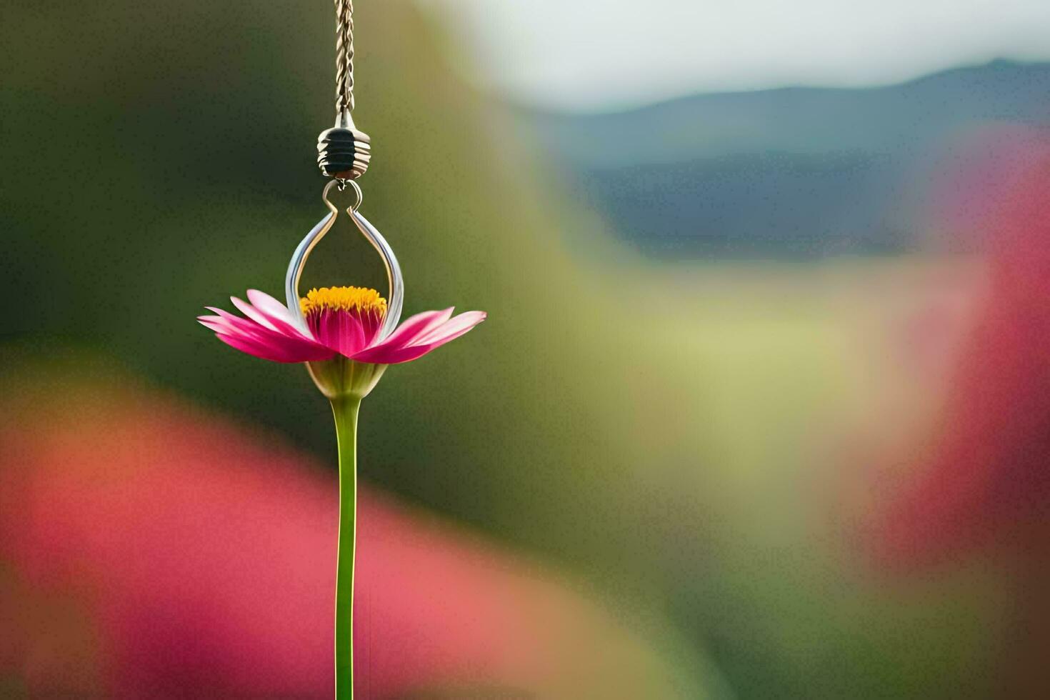 a pink flower is hanging from a silver chain. AI-Generated photo