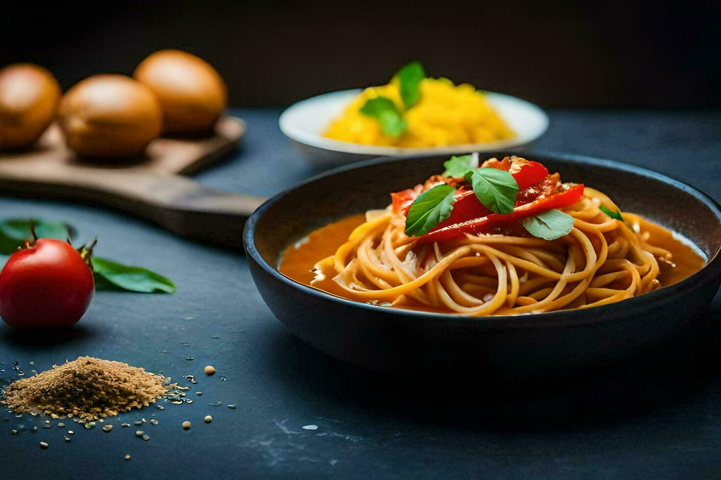 spaghetti with tomato sauce and basil leaves in a bowl. AI-Generated photo