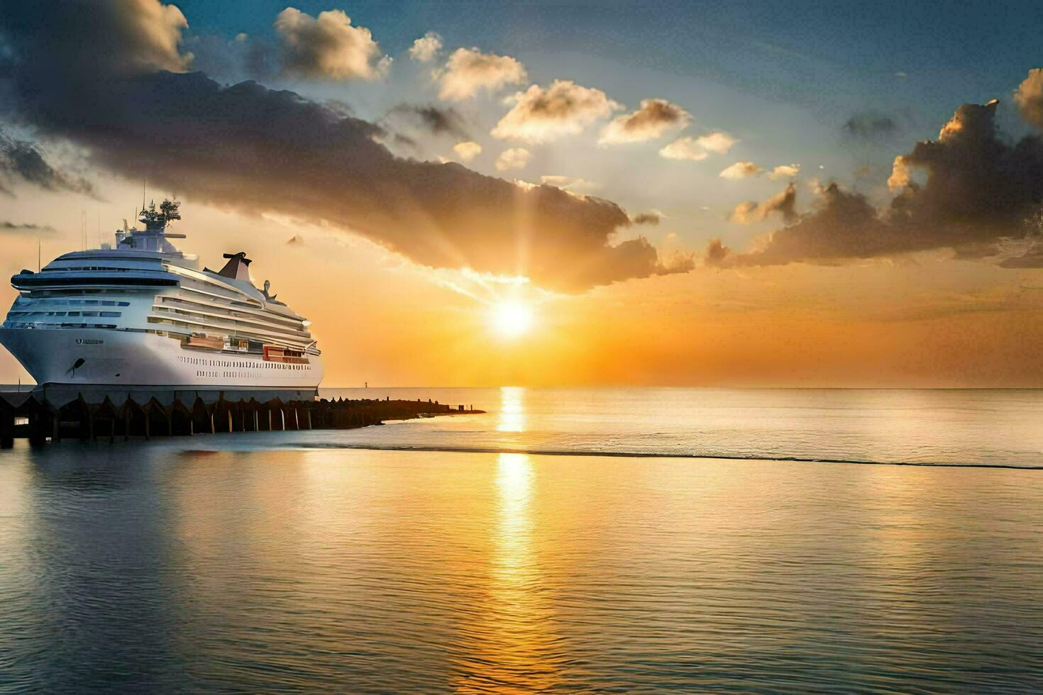 a cruise ship in the ocean at sunset. AI-Generated photo