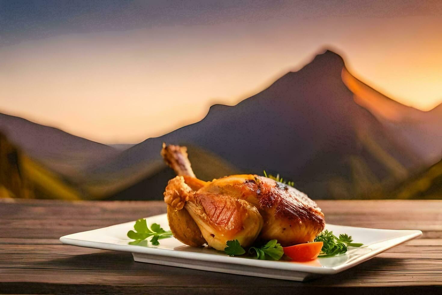 a plate of chicken on a table with mountains in the background. AI-Generated photo