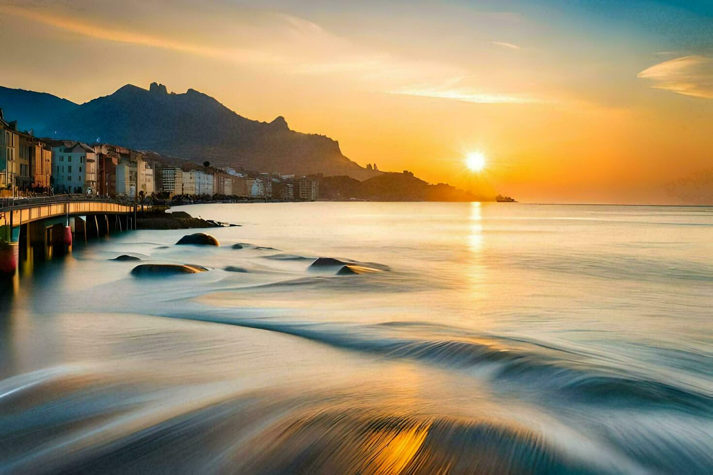 the sun sets over the ocean and a pier. AI-Generated photo