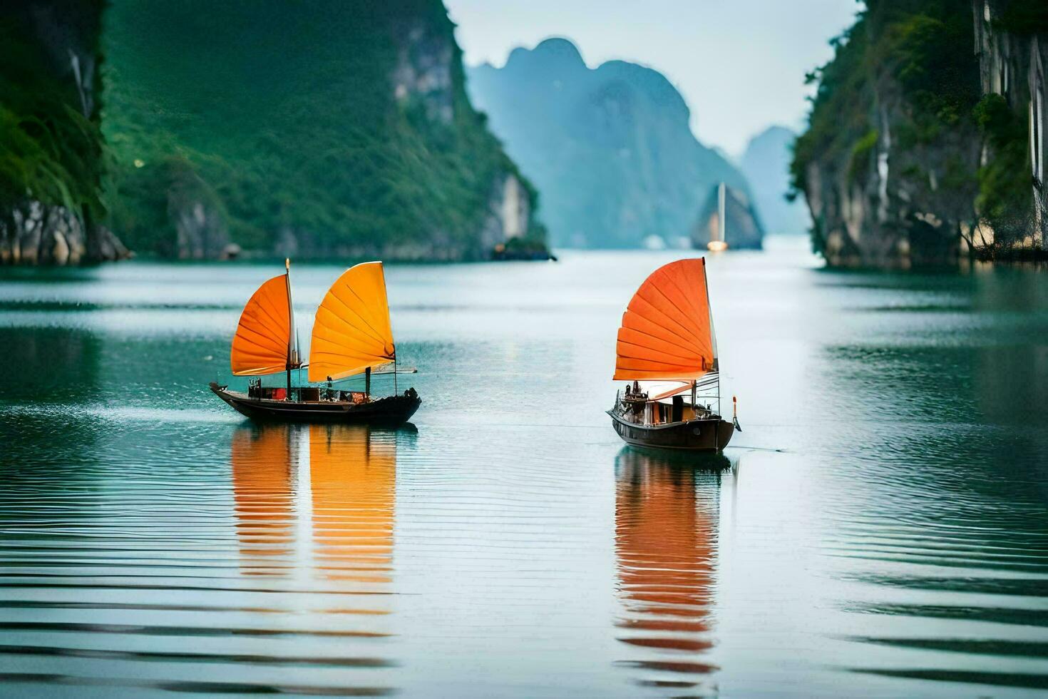 two boats with orange sails floating in the water. AI-Generated photo