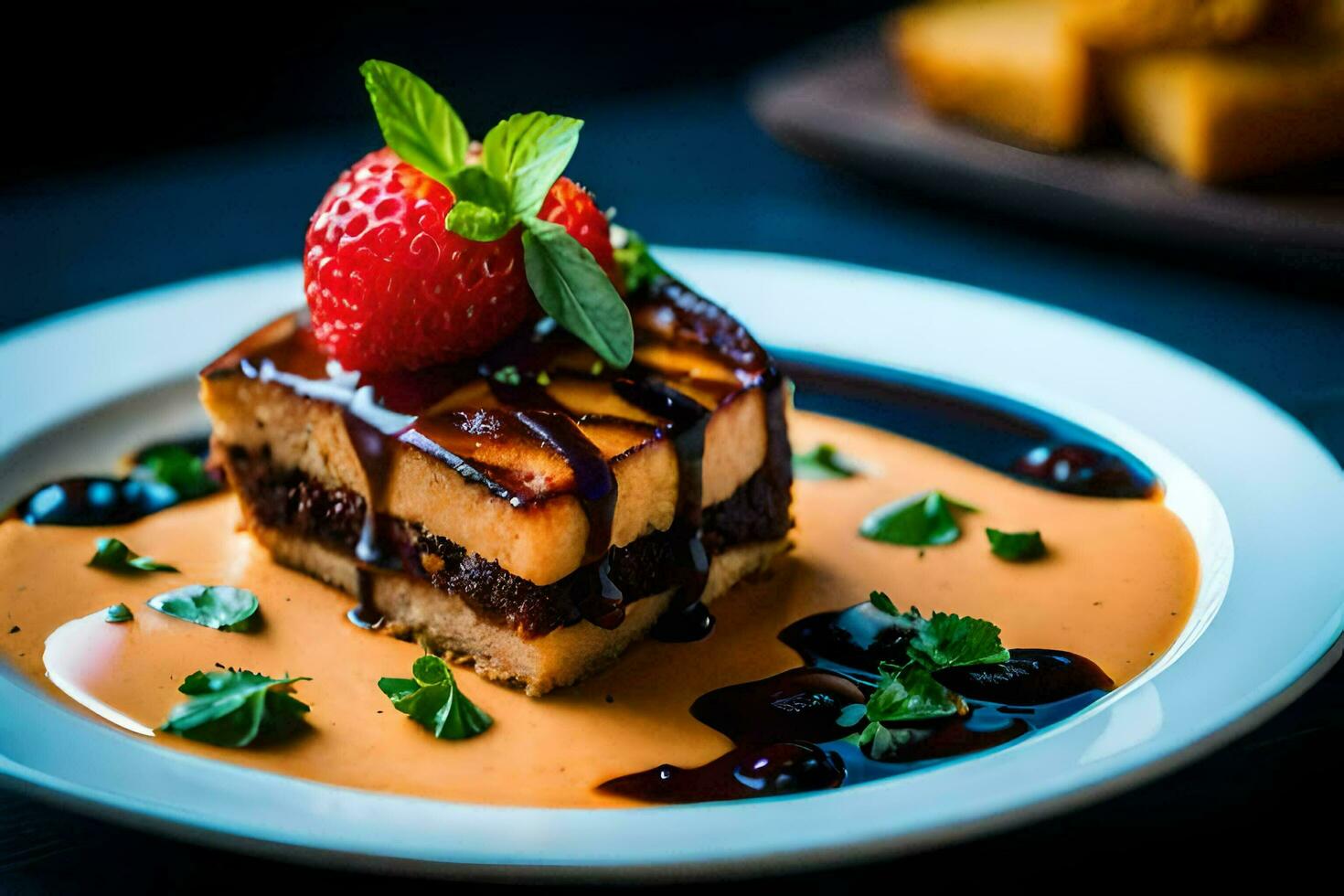 a dessert with strawberries and chocolate sauce on a plate. AI-Generated photo