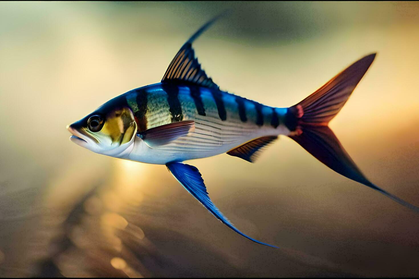 un pescado con azul y negro rayas es volador. generado por ai foto