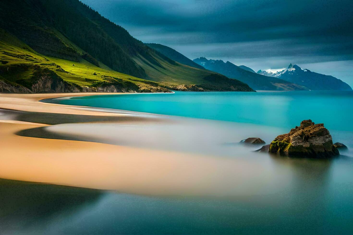 un largo exposición fotografía de un playa y montañas. generado por ai foto