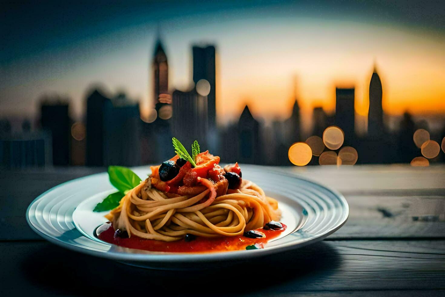 spaghetti with tomato sauce and basil on a plate in front of the cityscape. AI-Generated photo