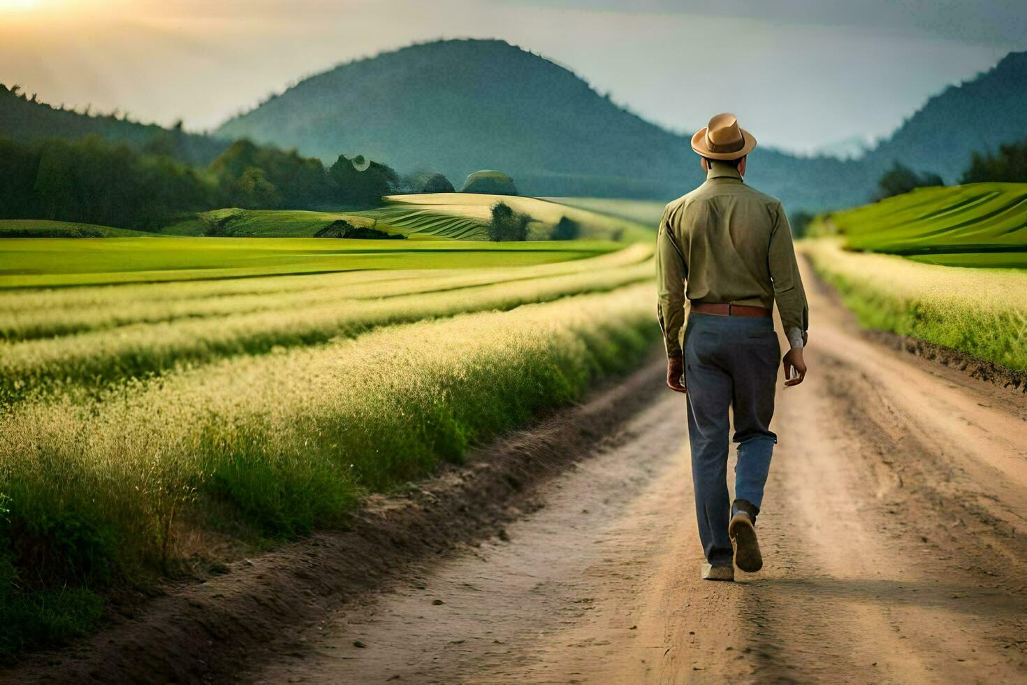a man walking down a dirt road in the middle of a field. AI-Generated photo