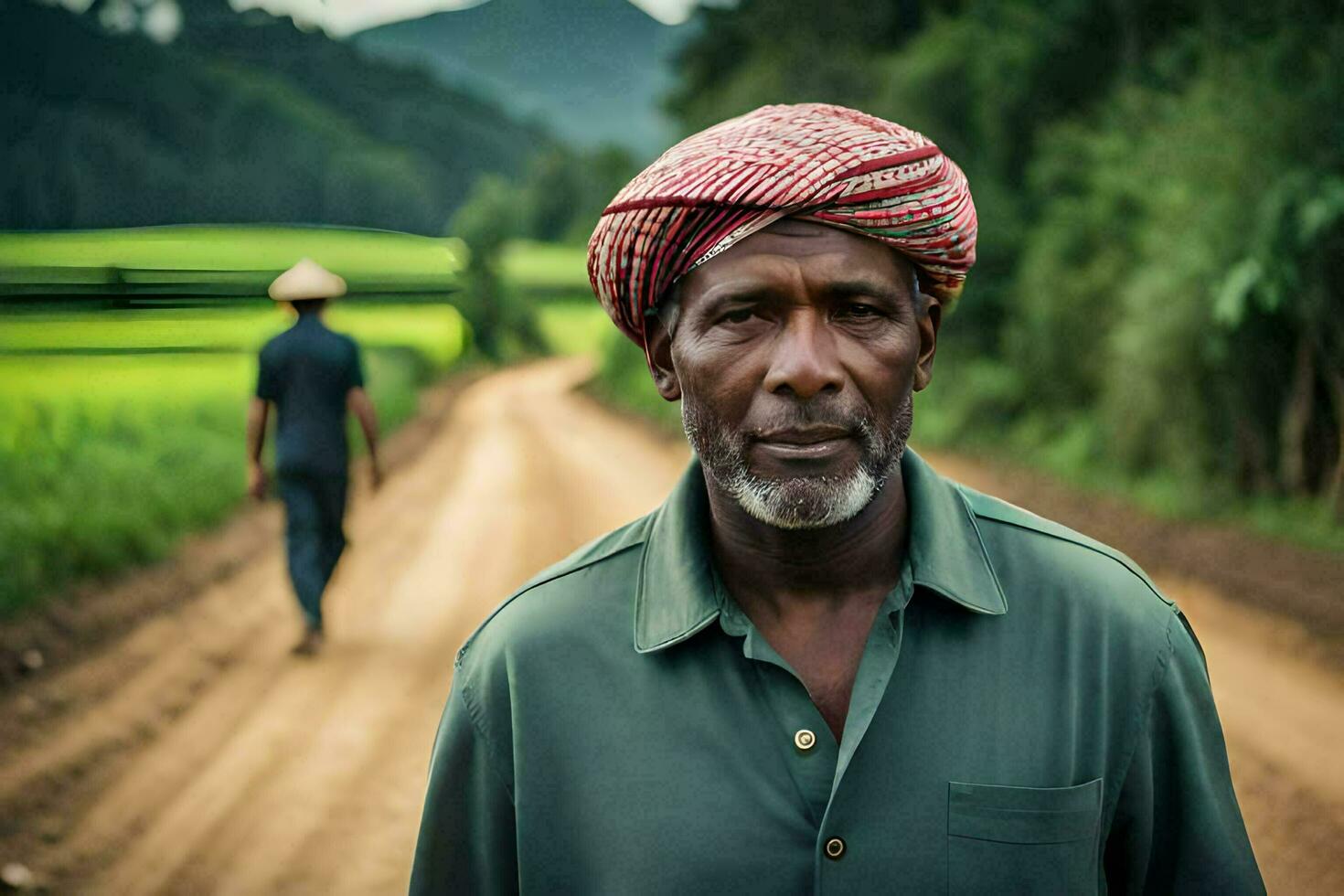 a man in a turban walks down a dirt road. AI-Generated photo