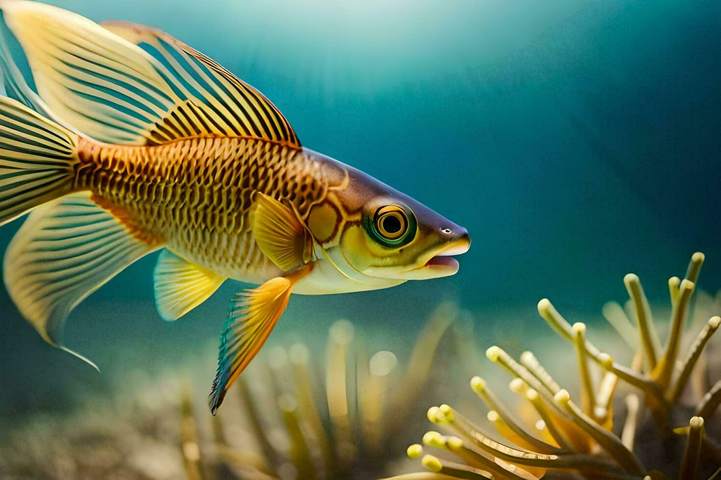 a fish swimming in the ocean with an anemone. AI-Generated photo