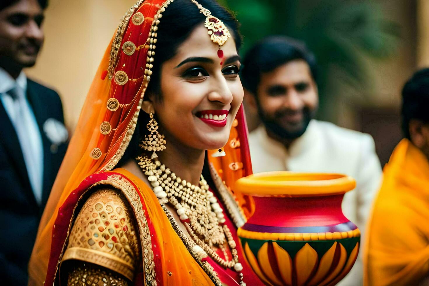 a beautiful bride in traditional indian attire holding a pot. AI-Generated photo