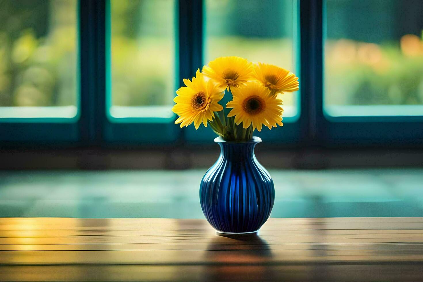 yellow flowers in a blue vase on a table. AI-Generated photo