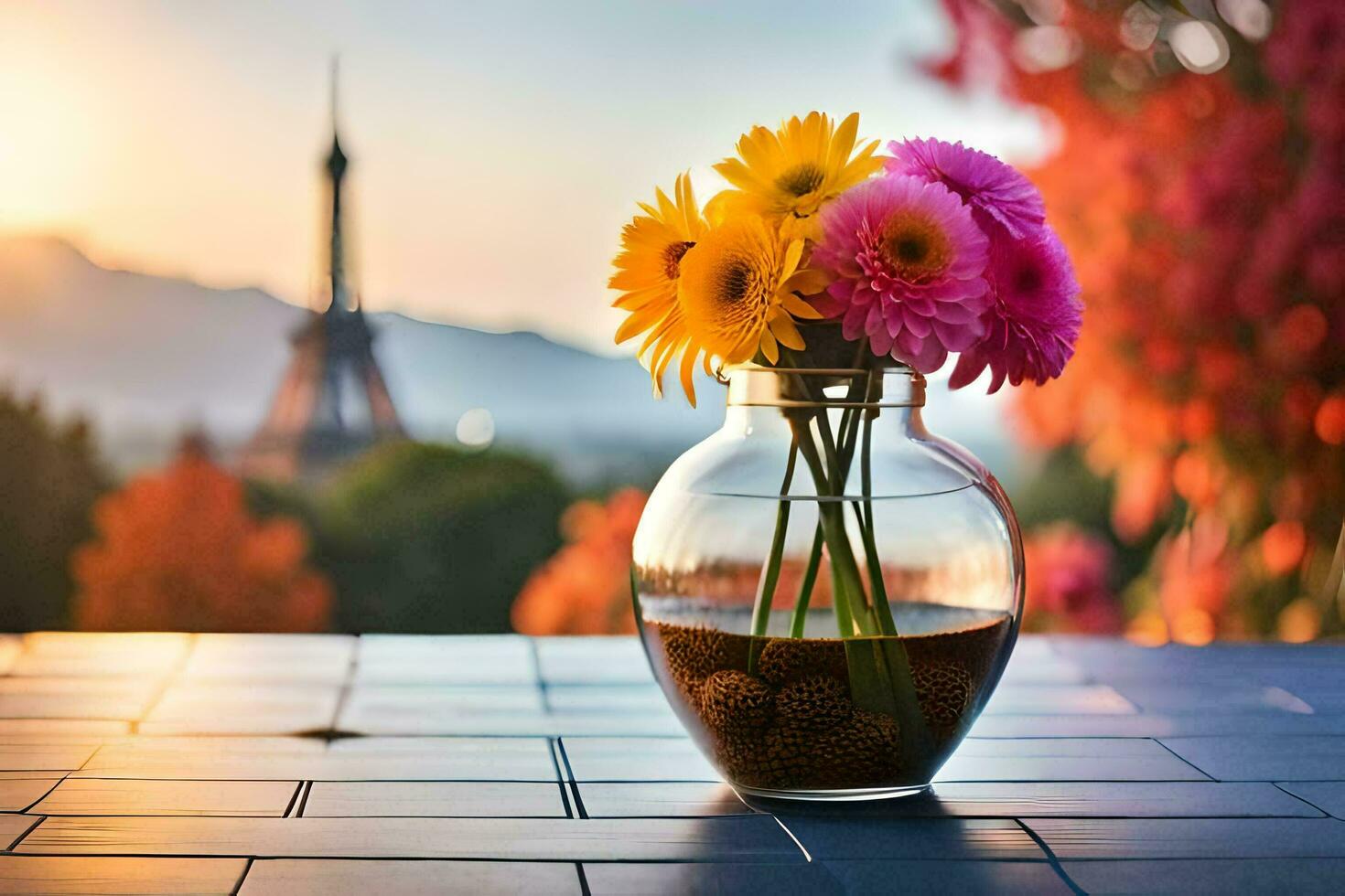 a vase with colorful flowers on a table in front of the eiffel tower. AI-Generated photo