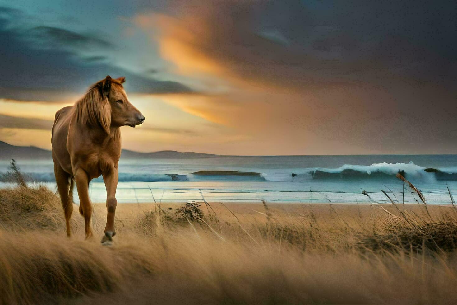 a horse is walking on the beach at sunset. AI-Generated photo