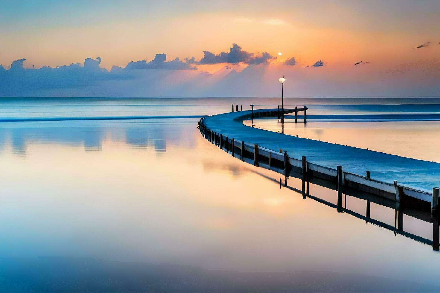 a pier stretches out into the ocean at sunset. AI-Generated photo