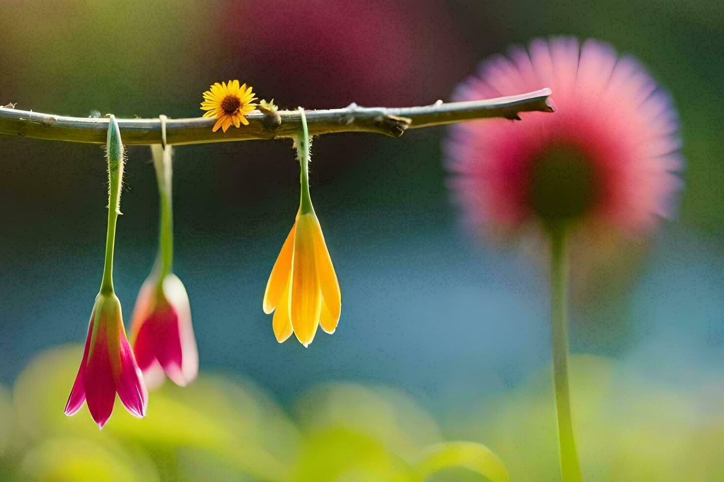 a flower hanging from a branch. AI-Generated photo