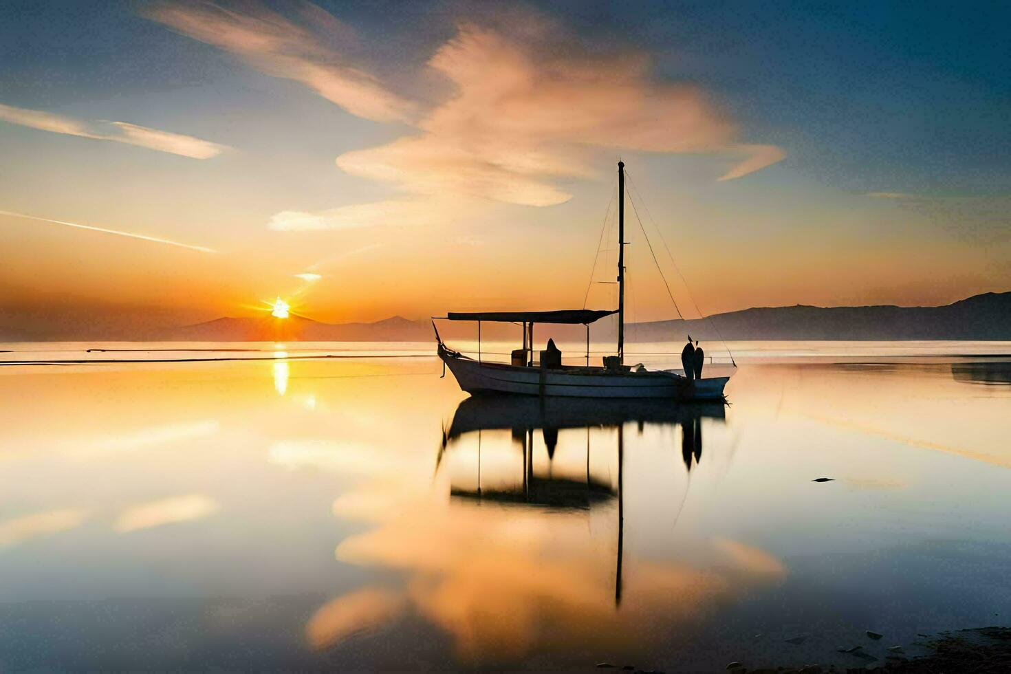 a boat is floating in the water at sunset. AI-Generated photo
