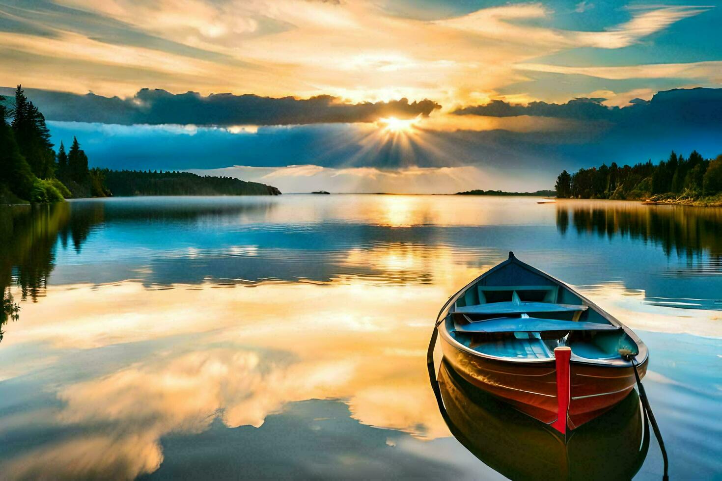 a boat is floating on the calm water at sunset. AI-Generated photo