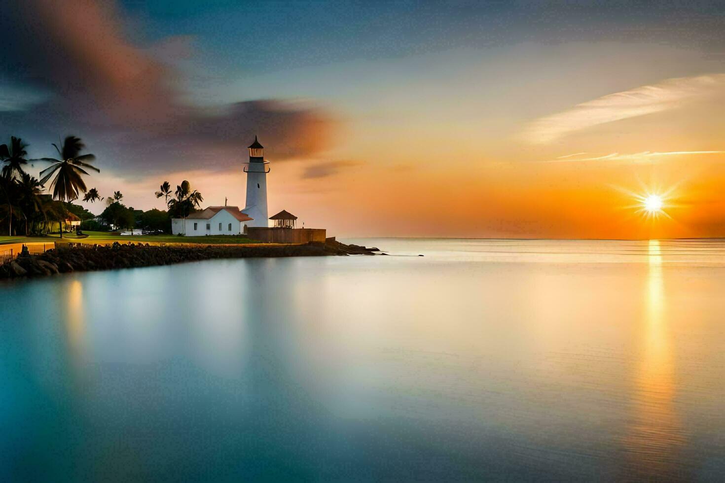 the sun sets over a lighthouse in the ocean. AI-Generated photo