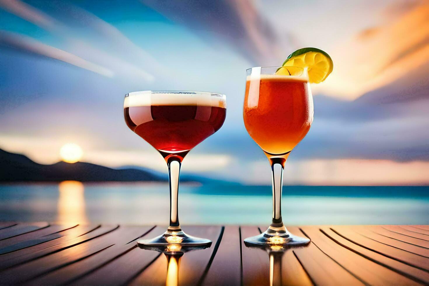 two glasses of alcohol on a table with sunset in the background. AI-Generated photo