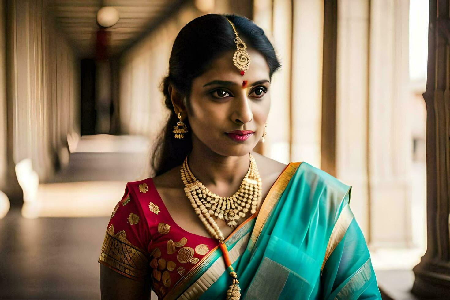 a beautiful indian woman wearing a traditional sari. AI-Generated photo