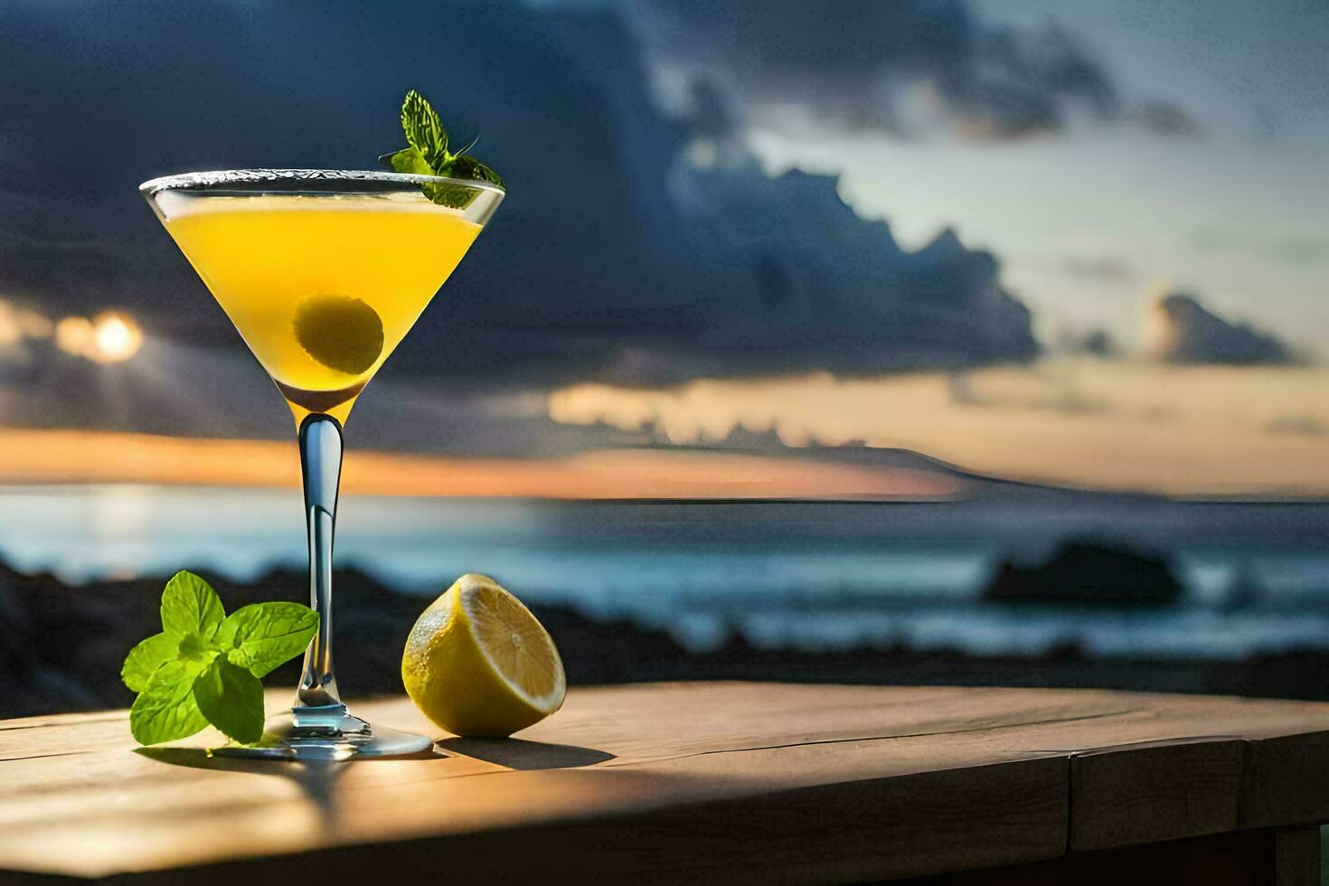 a cocktail with lemon and mint on a table in front of the ocean. AI-Generated photo