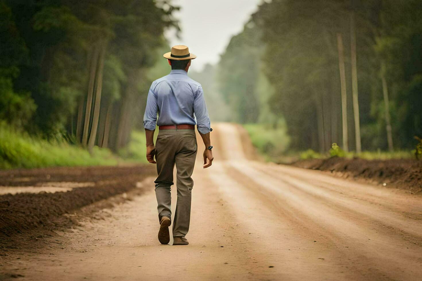 a man in a hat walks down a dirt road. AI-Generated photo