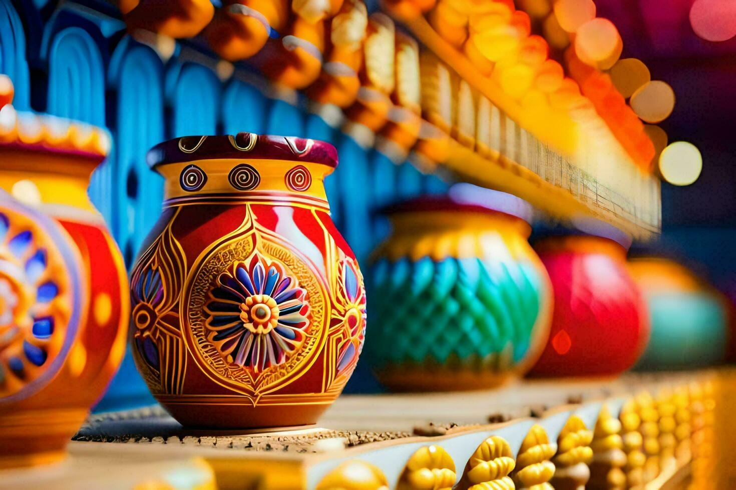 colorful vases are lined up on a shelf. AI-Generated photo