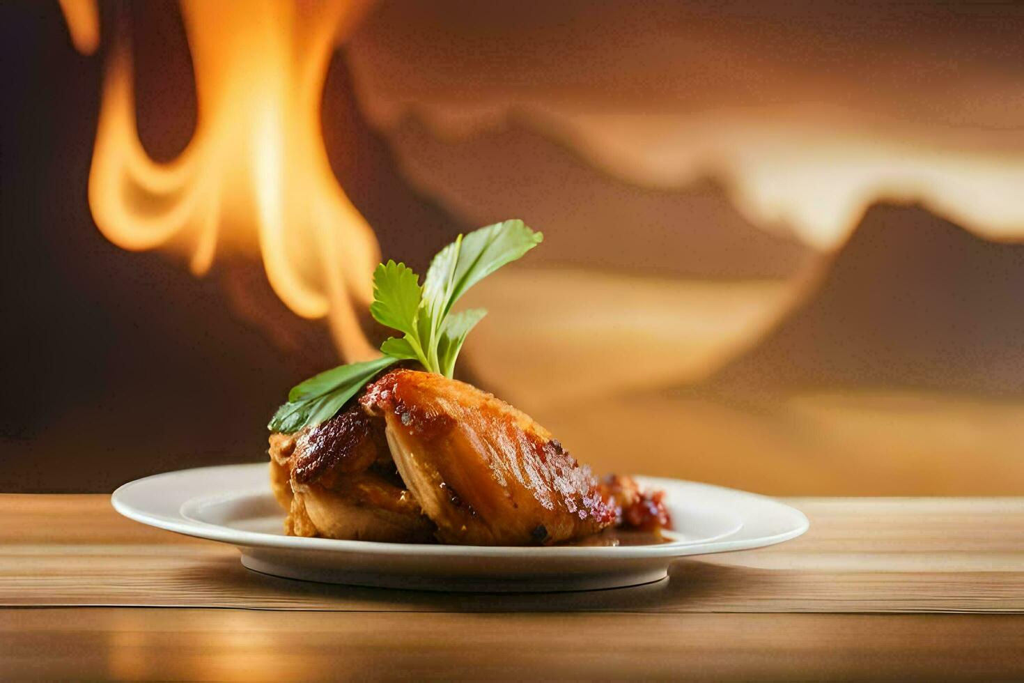 chicken wings on a plate with a flame in the background. AI-Generated photo