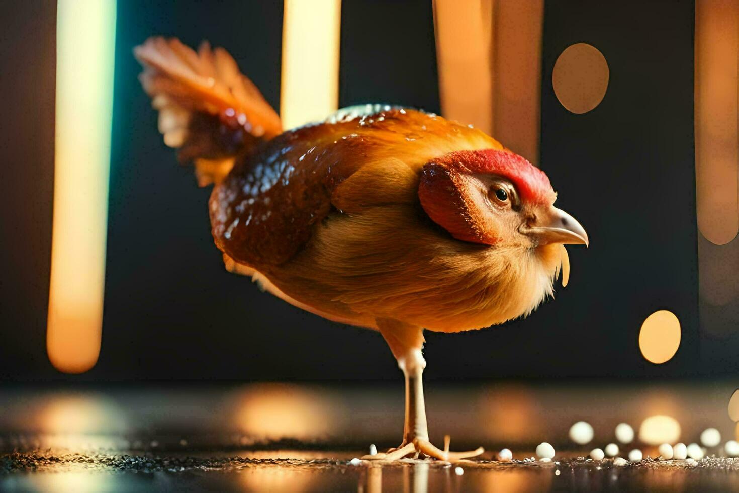 a chicken with a red head standing on a table. AI-Generated photo
