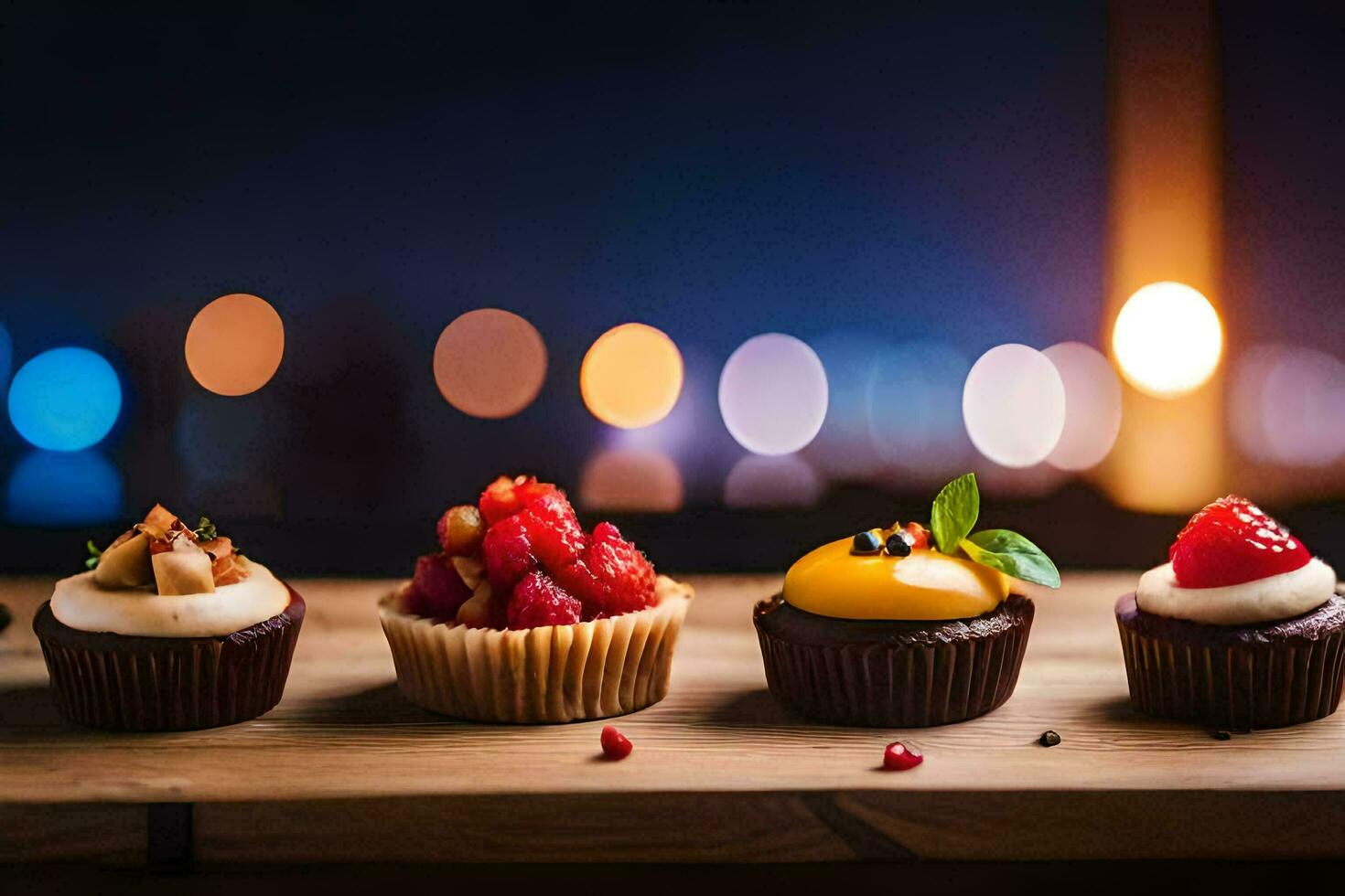 four different types of cupcakes on a wooden table. AI-Generated photo