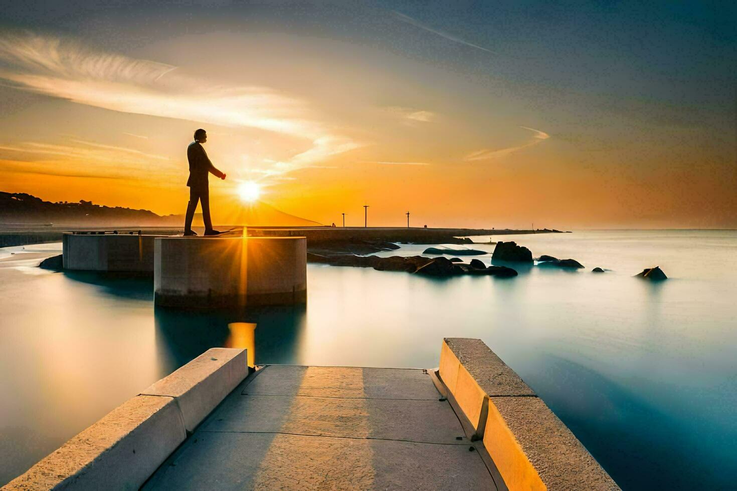 a man standing on a pier at sunset. AI-Generated photo
