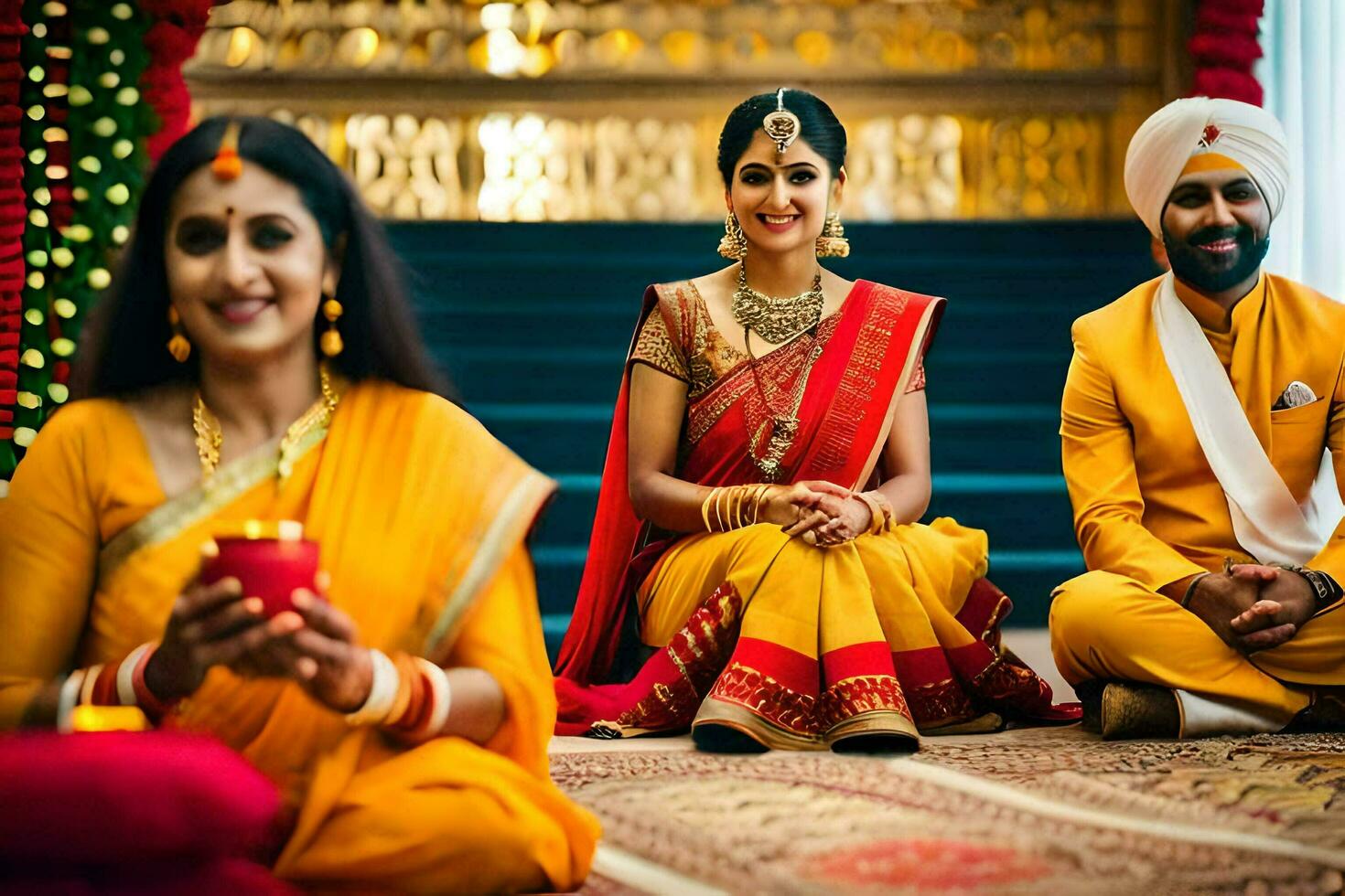 un Pareja en amarillo saris sentar en el piso con su amigos. generado por ai foto