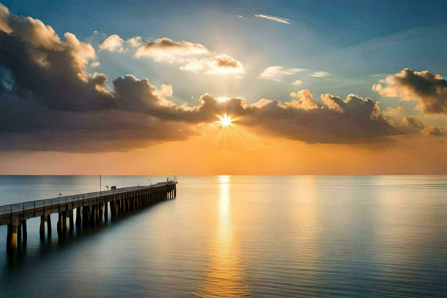 a pier with the sun shining over it. AI-Generated photo