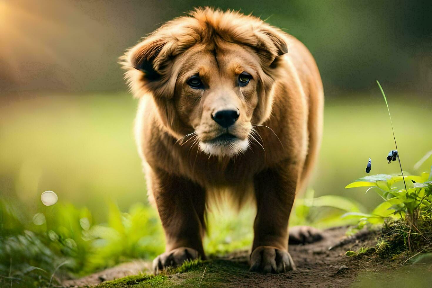 a lion is standing on a grassy field. AI-Generated photo