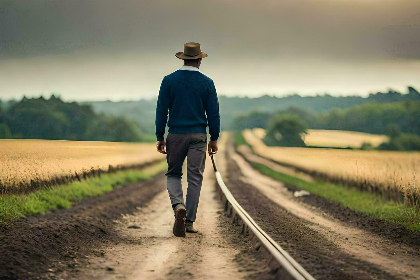 a man walking down a dirt road with a cane. AI-Generated photo