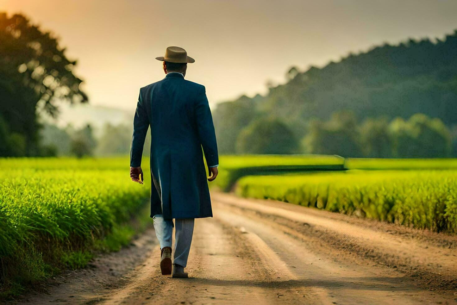 a man in a suit and hat walks down a dirt road. AI-Generated photo