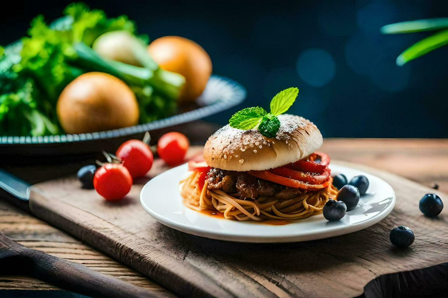 a hamburger with tomato, lettuce and cheese on a plate. AI-Generated photo