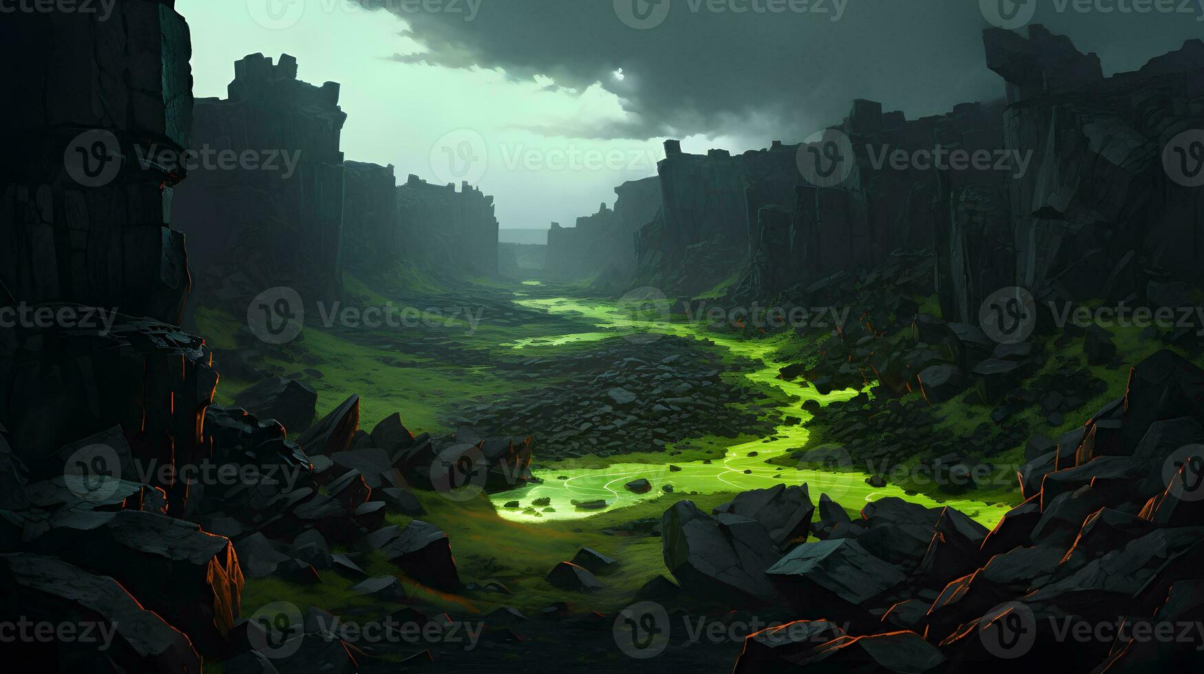 Illustration of steep rock cliffs in cloudy weather with slime green glowing puddles photo