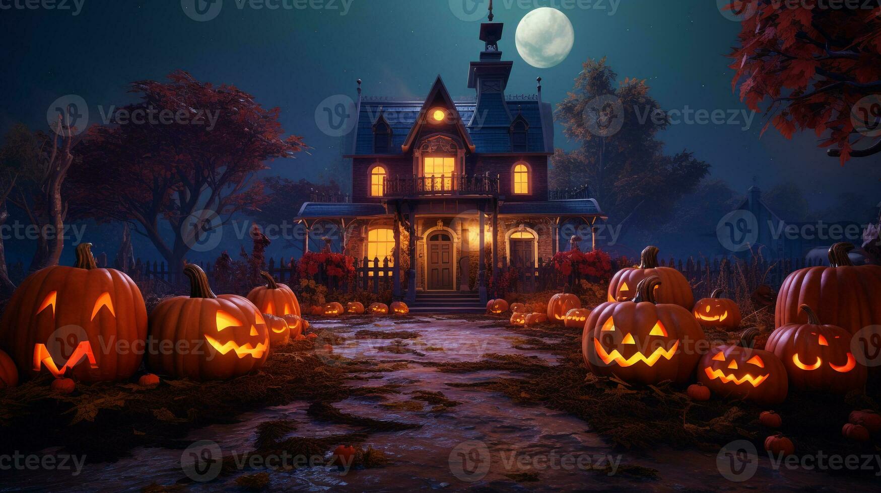 Vintage house with huge pumpkins beside it with neon light. Generative AI photo