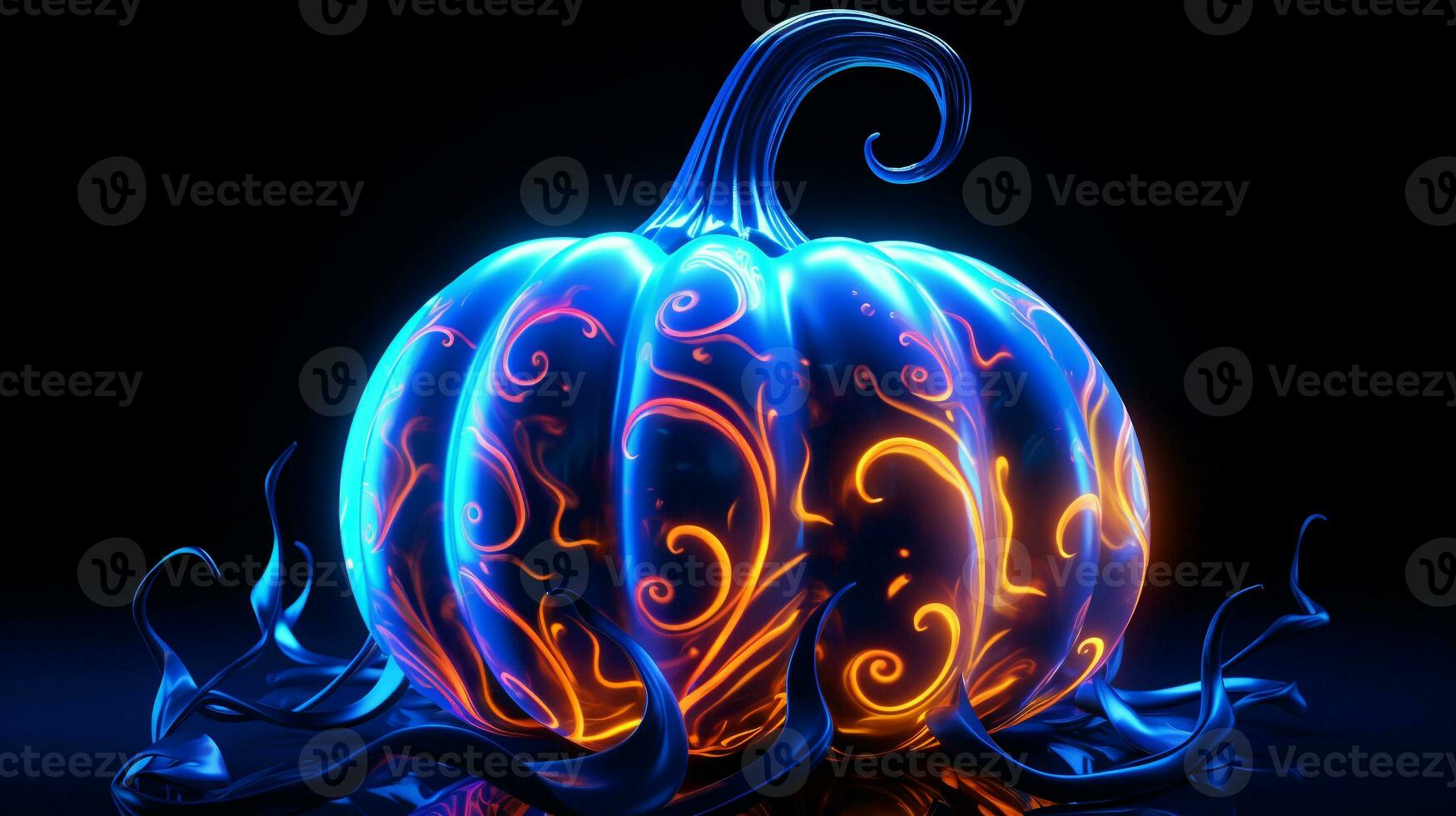 Pumpkin with a cool blue neon light wave pattern. Generative AI photo