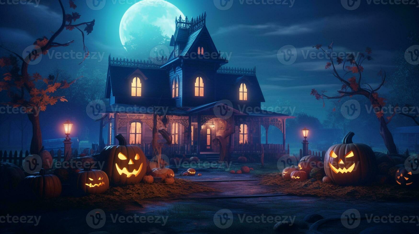 Vintage house with huge pumpkins beside it with neon light. Generative AI photo