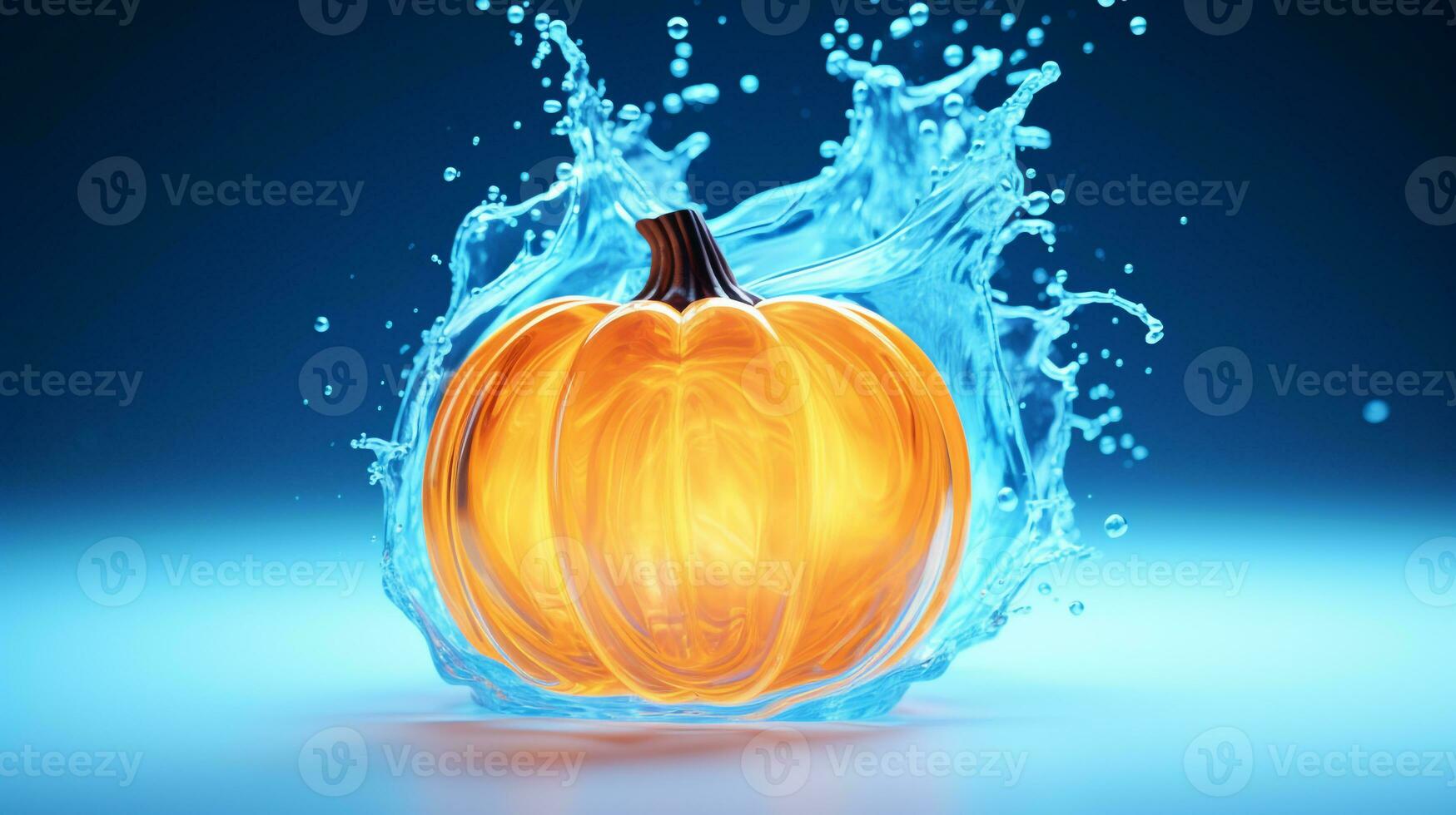 Pumpkin with splash water with a cool blue neon light wave pattern. Generative AI photo