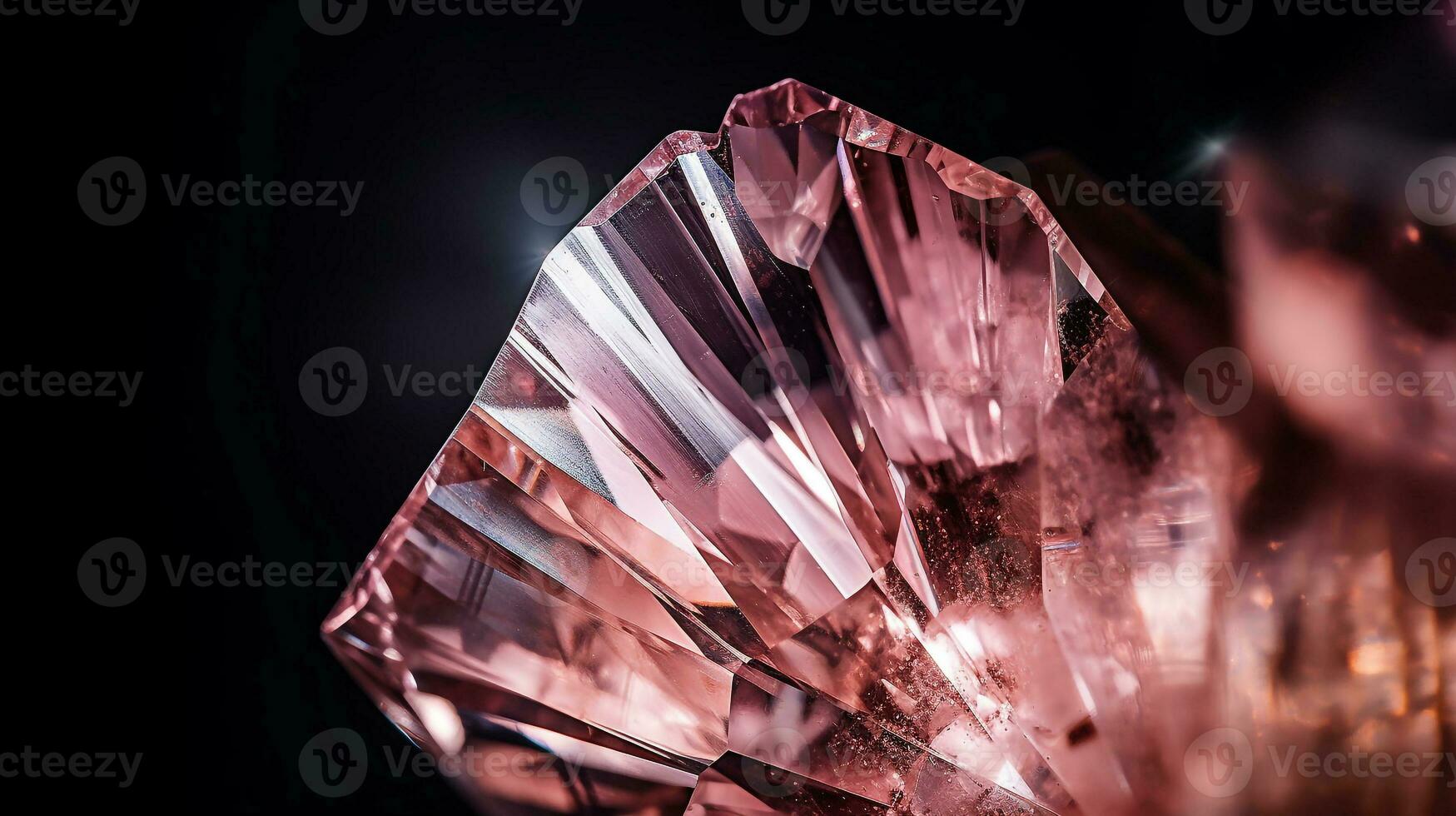 Photograph a mesmerizing close-up of a sparkling Morganite held against a velvety black background. Generative AI photo