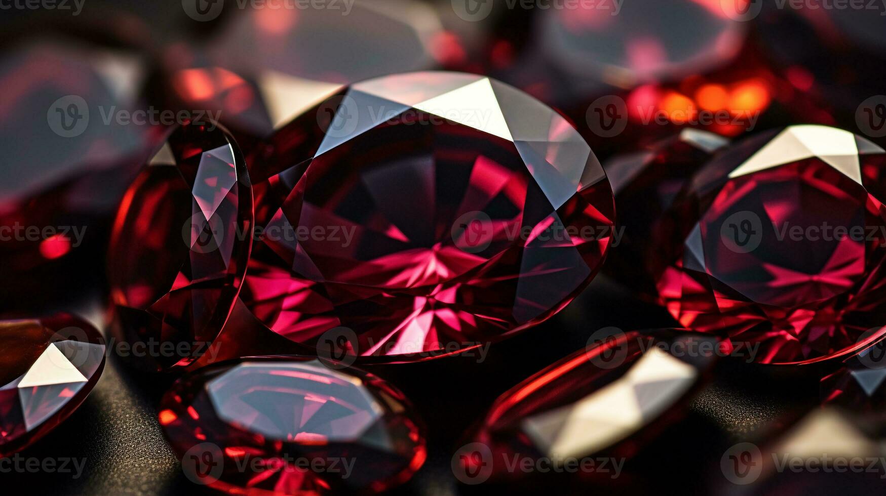 Photograph a mesmerizing close-up of a sparkling Garnet held against a velvety black background. Generative AI photo
